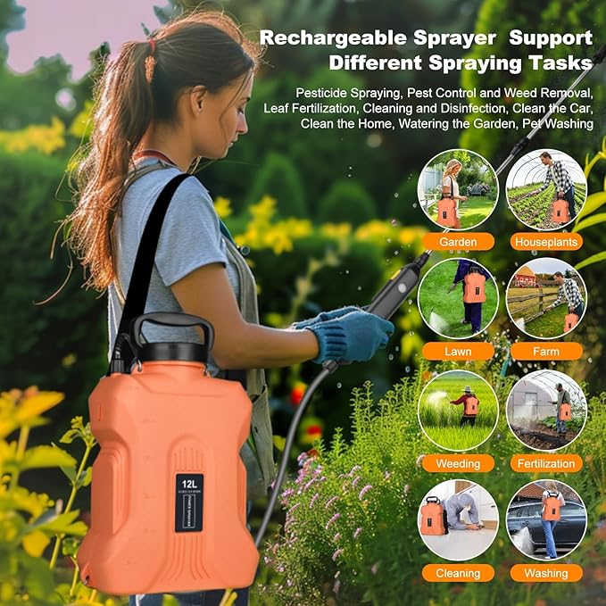 Battery Powered Sprayer 2.1 Gallon, Backpack Sprayer with Retractable Wand & 3 Mist Nozzles & USB Rechargeable Handle, Water Spray Pump Sprayers for Planting Lawn Yard Garden (Orange, 3.2 Gallon)
