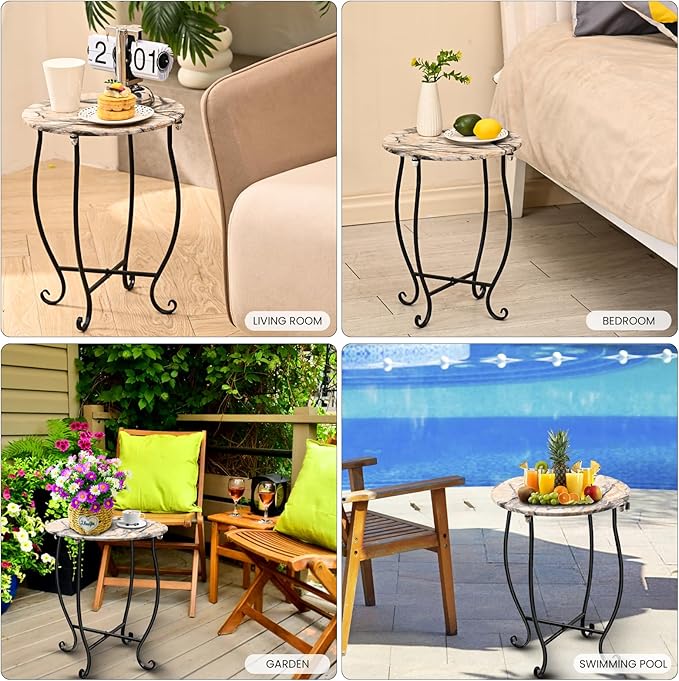 Patio Side Table, Versatile 14" Round Side Table Metal Stand for Balcony Yard Porch Bedside Rocking Chair and Pool Chair, Weather Resistant Accent Table for Indoor Outdoor Use, Easy Assembly