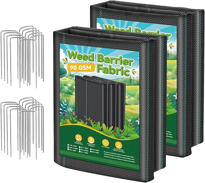 3ftx100ft Landscape Fabric, Weed Barrier Fabric Heavy Duty 3.2oz, Woven Geotextile Weed Blocker Landscaping Fabric, Garden Ground Cover Weed Control Mat with 20 Staples (2 Pack 3x50ft)