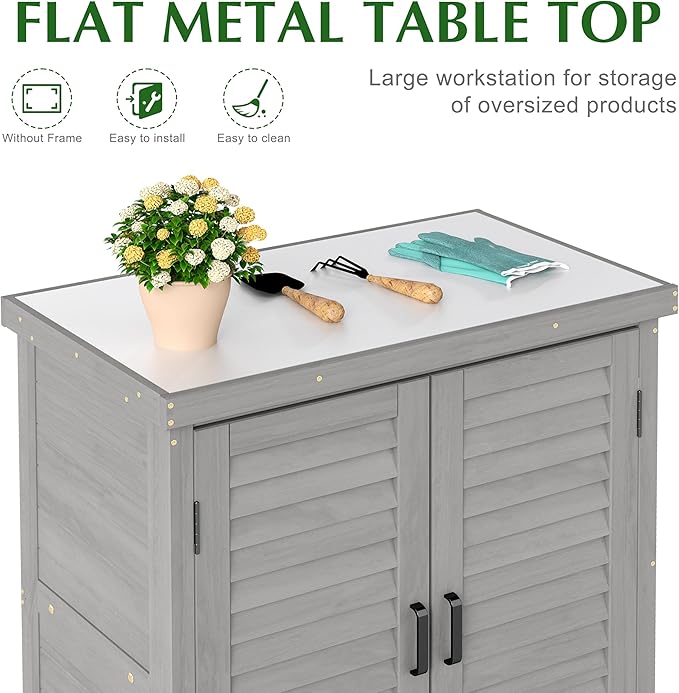 Outdoor Storage Cabinet & Potting Bench Table with Metal Top (Accent Grey, 36x31x17in)