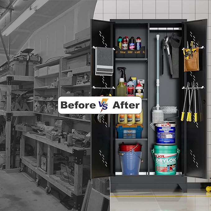 71" Outdoor Storage Cabinet – Heavy-Duty Lockable Metal Shed with Ventilated Doors, Perforated Stainless-Steel Bottom, Hanging Rod & Hooks, Easy Assembly