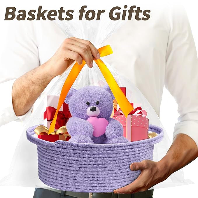 Pro Goleem Small Woven Basket with Gift Bags and Ribbons Durable Baskets for Gifts Empty Small Rope Basket for Storage 12"X 8" X 5" Baby Toy Basket with Handles, purple