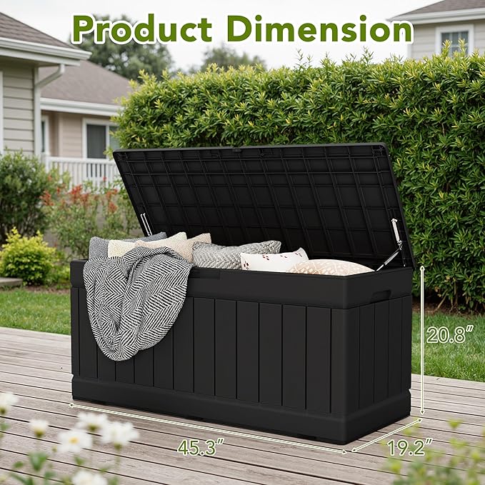 Devoko 78 Gallon Deck Box, Waterproof Resin Outdoor Storage Box for Outside and Patio, Outdoor Storage Bench Lockable for Patio Furniture, Garden Tools and Pool Supplies (Black, 78 Gallon)