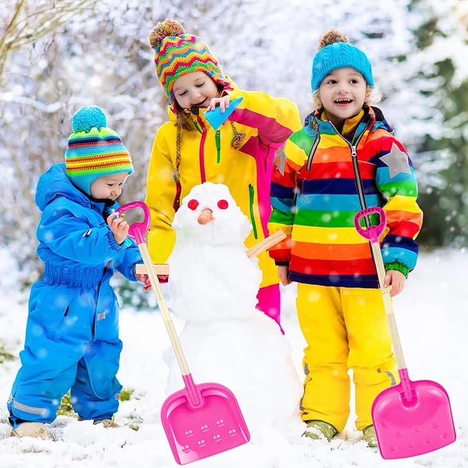 1PCS Kids Snow Shovel, 22"-32" H Detachable Wooden Childs Snow Shovel with Plastic D-Grip Handle and Scoop Winter Children Shovel Pink Toddler Shovels Outdoor Play Snow Gift for Boy Girl Snow Removal