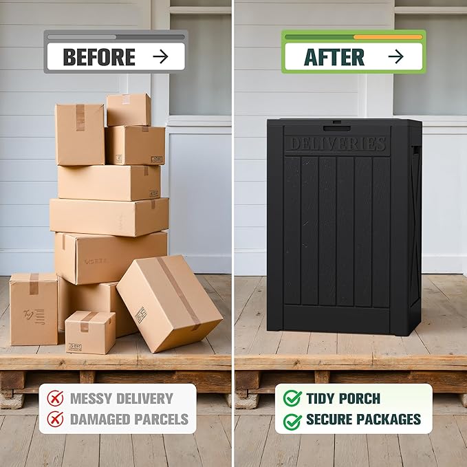 Greesum 52 Gallon Large Outdoor Package Delivery Box for Porch, Lockable Secure Double-Wall Resin Storage Box, Waterproof Deck Box for Package Protection, Black