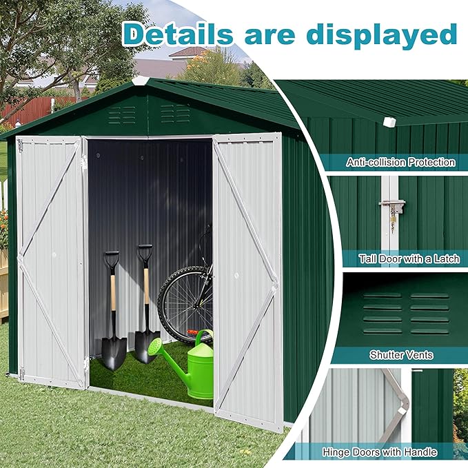 Storage Shed 8ft×6ft Classic Apex Roof Tool Shed Outdoor Storage Metal Garden Storage Sheds Tool Cabinet with Hinged Door Syste for Backyard, Patio, Poolside, Green