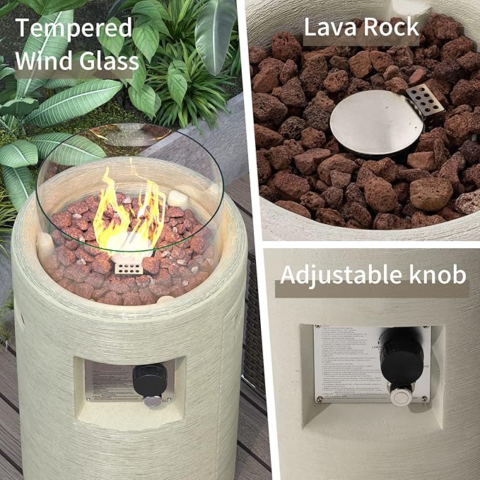 SUNBURY Outdoor Propane Fire Pit, Stone Like Fire Pit Table with Glass Wind Guard, Waterproof Cover, 40000BTUS Small Column Firepit Garden Lighting, CSA Certified (Creamy White)