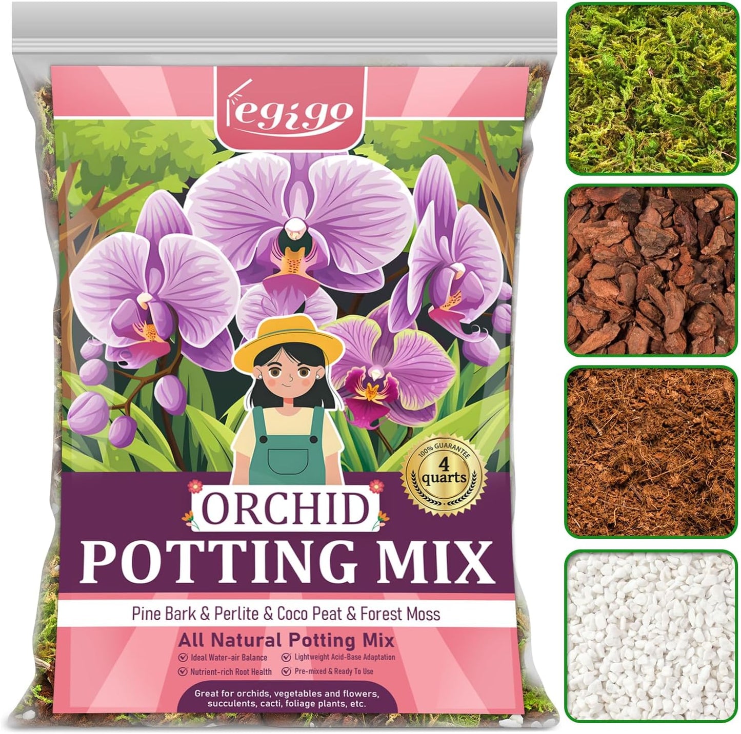 Legigo 4 QT Orchid Potting Mix- Natural Orchid Soil Mix for Repotting with Moss, Pine Bark, Coco Peat and Perlite, Enhanced Drainage Orchid Bark Potting Mix Repotting Kit for Indoor Plant Growth