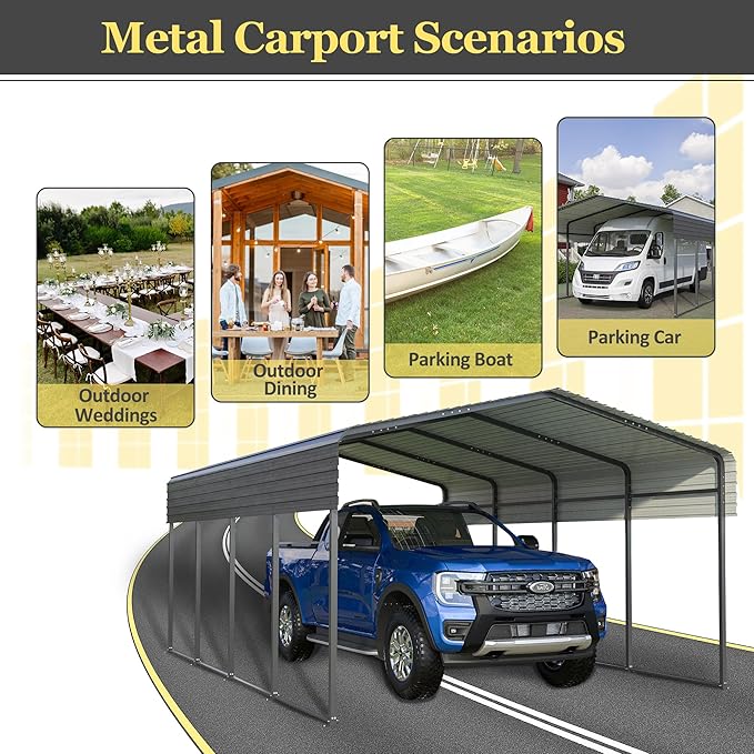 Car Port, 13x20 with Sidewalls Metal Carport, Heavy Duty Carport Canopy, Metal Garage Car Tent, Outdoor Car Shelter Shade with Galvanized Steel Roof, Frame (13x20 with sidewalls)