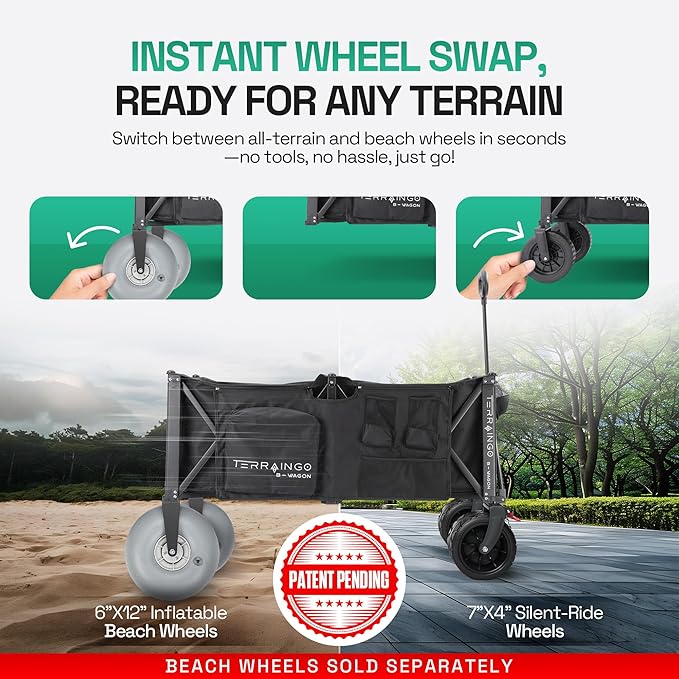 Foldable Beach Wagon Cart- Interchangeable All Terrain Wheels- 12" Beach Wheels Optional- Patent Pending- Gardening, Fishing, Shopping-Built-in Insulated Cooler Pouch, More Storage Pockets, Cupholders