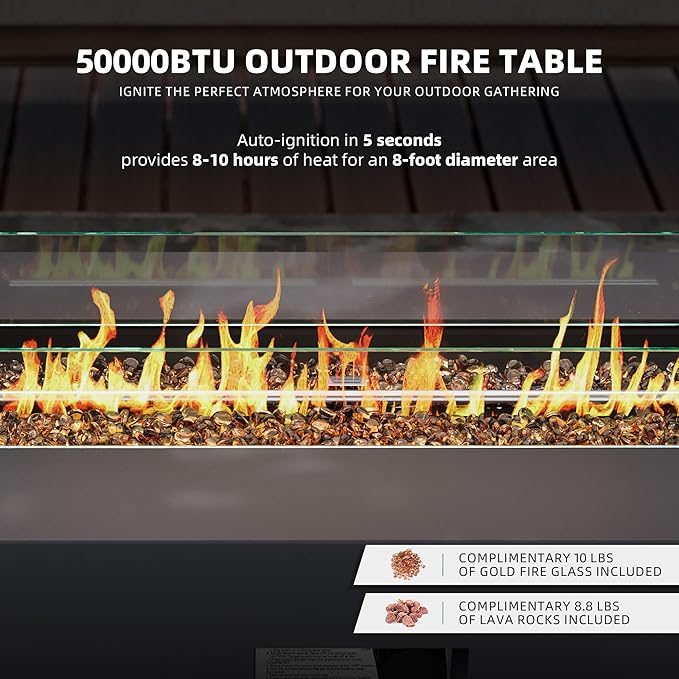 UPHA 42-inch Outdoor Propane Gas Fire Pit Table 50000 BTU Iron Rectangle Firepit for Outside Patio with Tank Hidden Table, Wind Guard, Removable Lid, Gold Glass Rocks, Rain Cover, Dark Grey