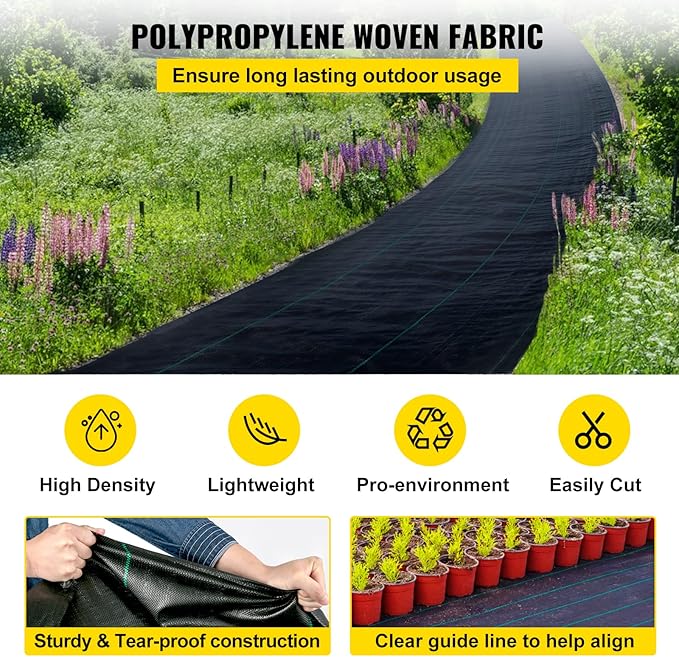 Happybuy 6FTx300FT Premium Weed Barrier Landscape Fabric Heavy Duty 3OZ, Woven Weed Control Fabric, Good Permeability for Weed Block Gardening Mat, Driveway Fabric, Landscaping Fabric, Ground Cover