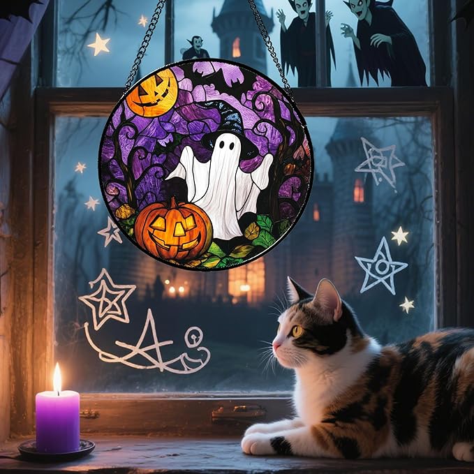 Stained Glass Window Hanging Halloween White Ghost Black Bat 9.8" - Suncatcher Door Garden Sunroom Horror Pumpkin Sun Catcher Birthday for Friend Mom Men Woman Nana