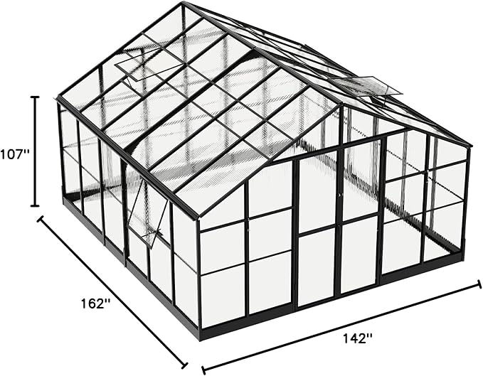 AMERLIFE 12x13.5x9 FT Polycarbonate Greenhouse with Quick Connector Fast Assembly, Large Greenhouses for Outdoors, Swing 2 Doors 4 Vents , Black