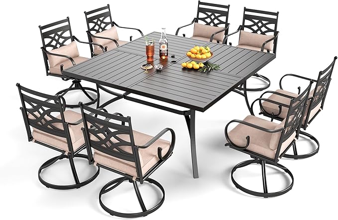 PHI VILLA 9 Pcs Patio Dining Sets,Outdoor Table Chair Set for 8 with Outdoor Swivel Chairs and Metal Frame Steel Square Table,Outdoor Dining Furniture with Cushion and Pillow for Garden Lawn Deck