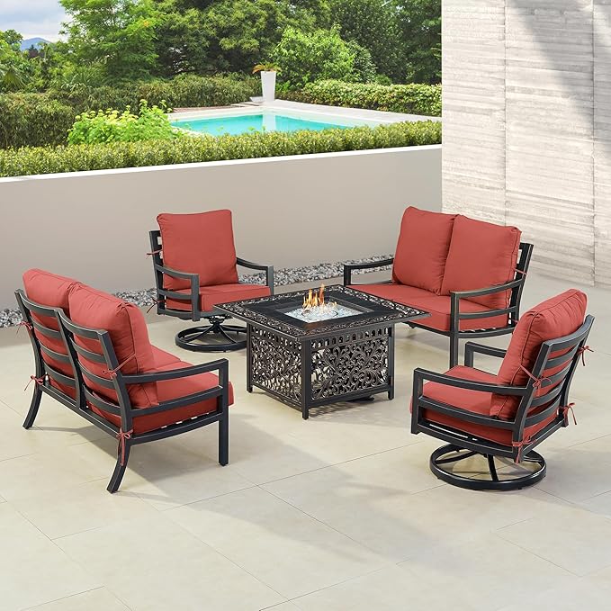 Oakland Living Black Aluminum Patio Fire Table Set with Two Deep Seating Loveseat with Cushions and Two Club Chairs with Red Cushions