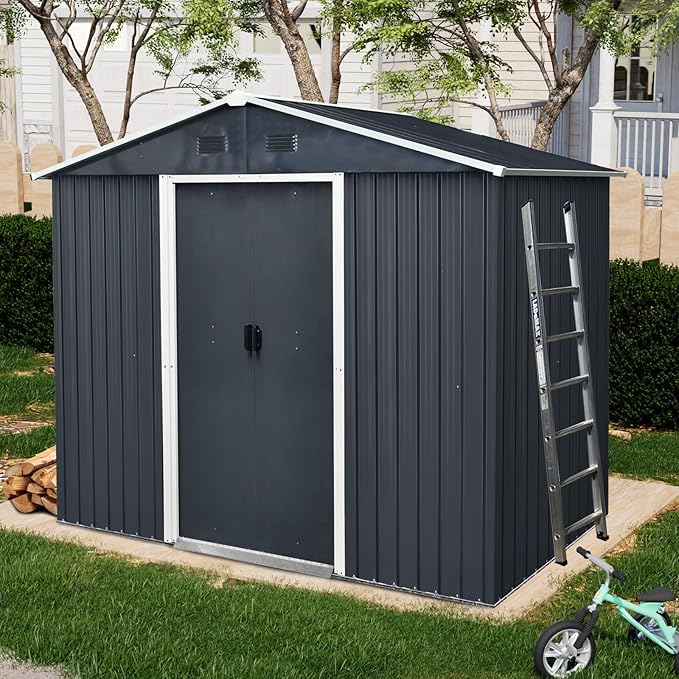 Outdoor Storage Shed, 8x4ft Metal Storage Shed with Vents and Metal Foundation, Lockable Sliding Door, All Weather Tilted Roof Tool Shed for Backyard, Patio, Lawn, Black