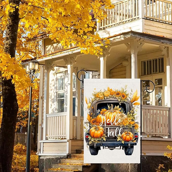 Hello Fall Pumpkin Truck Garden Flags 12x18 Vertical Double Sided, Autumn Thanksgiving Yard Flag for Outside, Holiday Seasonal Outdoor Decorations for Home