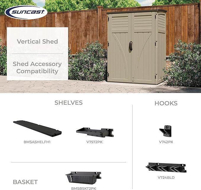 Suncast 54 Cubic Feet Vertical Storage Shed with Durable Plastic Construction, Multiple Wall Panels and Ample Space for Outdoor Storage