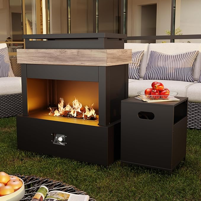 40.5''x35.4'' Outdoor Propane Fireplace, 50,000 BTU Vent-Free Gas Heater, CSA Certified Grey & Black Weather-Resistant Steel, Realistic Ceramic Logs, Rain Cover Included