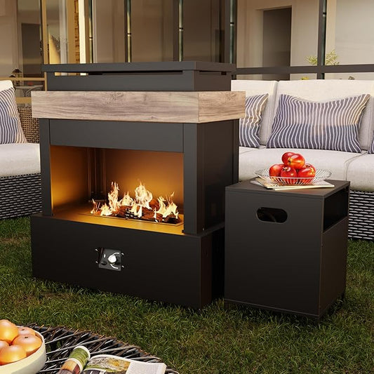 40.5''x35.4'' Outdoor Propane Fireplace, 50,000 BTU Vent-Free Gas Heater, CSA Certified Grey & Black Weather-Resistant Steel, Realistic Ceramic Logs, Rain Cover Included