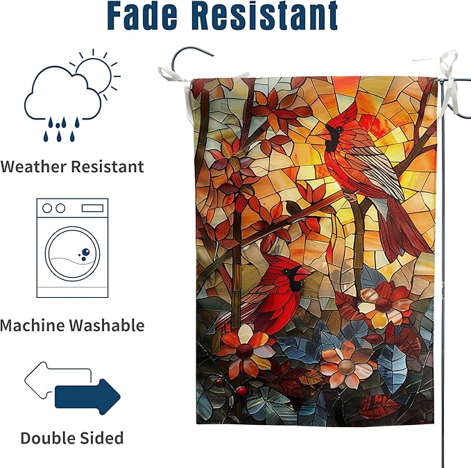 Stained Glass Cardinal Red Birds Garden Flag Spring Summer Yard Flag Fall Floral Decorative Flags for Outside 12x18 Double Sided Small Seasonal Lawn Flags Rustic Outdoor Decor