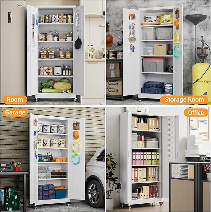 Metal Storage Cabinet with Wheels, Garage Storage Cabinet with 4 Adjustable Shelves and Pegboard for Garage Home Office Utility Room,73" H×31.57" W×15.71" D,Required Assembly,White