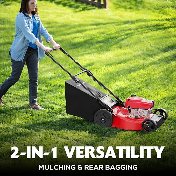 PowerSmart Gas Push Lawn Mower 21-inch 144cc 4-Stroke Engine with Easy Adjustable Cutting Height, High Wheels, 2-in-1 with Mulching, Rear Bagger