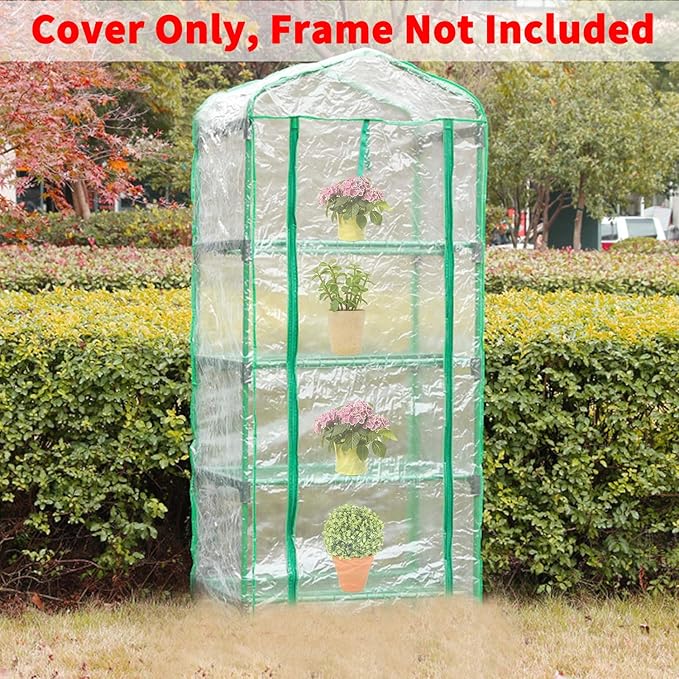 4 Tier Roll-Up Zipper Door Greenhouse Replacement Cover- 63 x 27 x 19 Inch Clear PVC Plant Greenhouse Cover for Gardening Plants Cold Frost Protection Wind Rain Proof (Frame NOT Include)