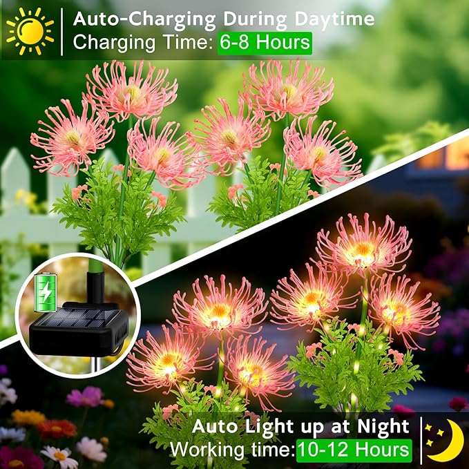 Solar Outdoor Lights Pink Spider Lily – 4 Pack 12-Head Waterproof Garden Flower Lights with Glowing Stems,Decorative Solar Powered Yard,Patio & Lawn Decor,Christmas & Gardening Gifts for Women Grandma
