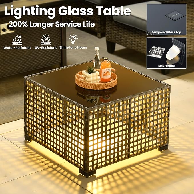 ovios 6 Pieces Patio Furniture Set Outdoor Sofa Couch with Solar Lights Table Comfy Cushions, Modern Deep Seat Wicker Rattan Conversation Set for Porch Deck, Grey