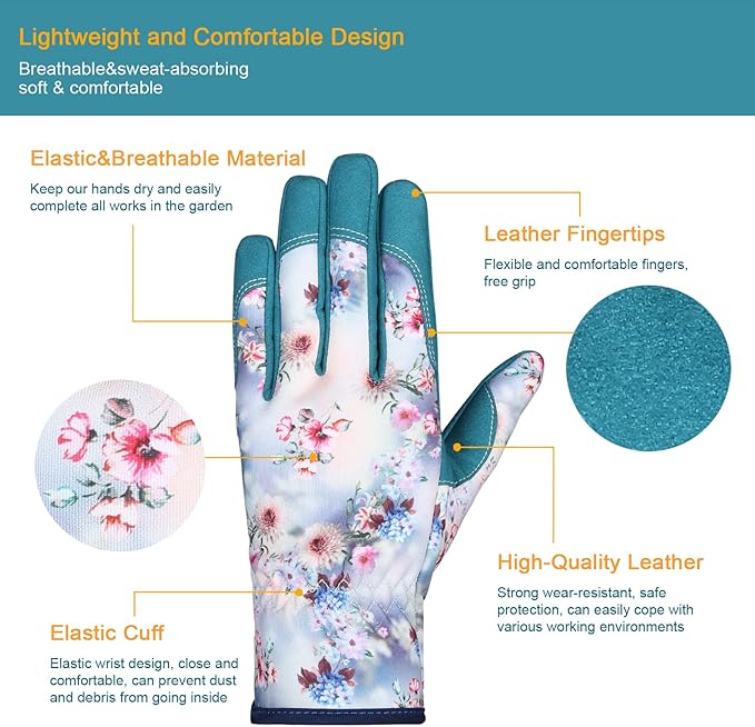 Bamllum Leather Gardening Gloves for Women - Working Gloves for Weeding, Digging, Planting, Raking and Pruning