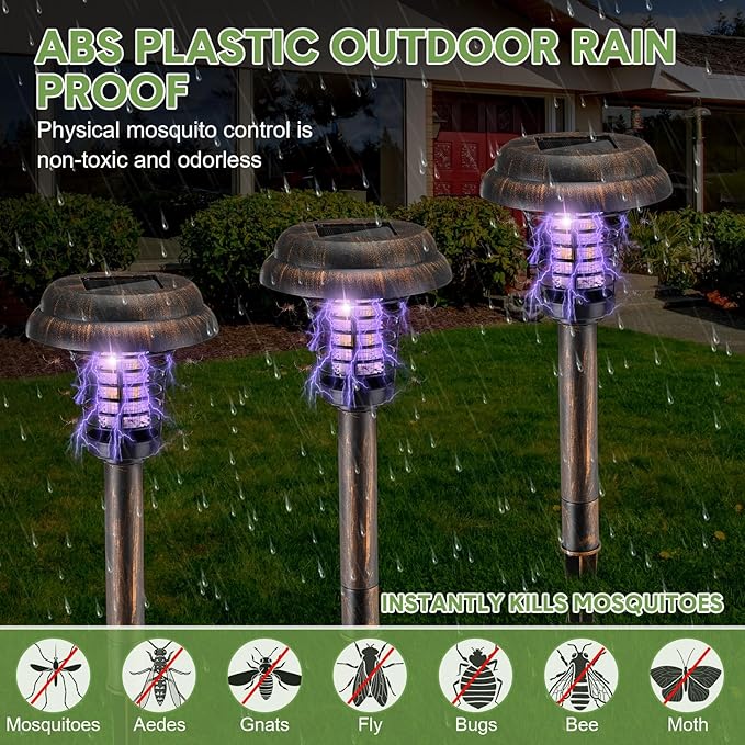 Qualirey 4 Pcs Solar Bug Zapper Waterproof Outdoor Mosquito Zapper Killer and Lighting Repellent Lamp for Indoor Outdoor Use Garden Patio, Purple and White Light(Plastic,Bronze)