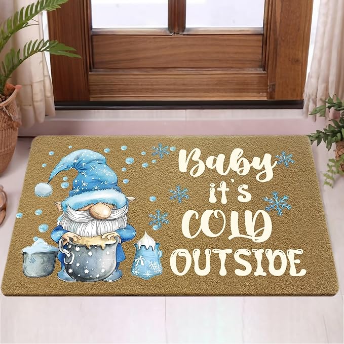 Winter Christmas Gnome Faux Coir Door Mats Outdoor, Blue Gnome Snowflake Christmas Door Mat for Home Outside Entryway, Winter Welcome Doormat for Indoor Outdoor Porch Entrance, 17x30 Inch