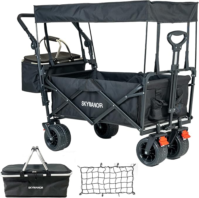 SKYMANOR Collapsible Wagon Folding Garden Cart with Removable Canopy Utility Wagon Cart with All-Terrain Wheels Brake Beach Cart for Sand Heavy Duty Beach Wagon for Camping Shopping (Black)
