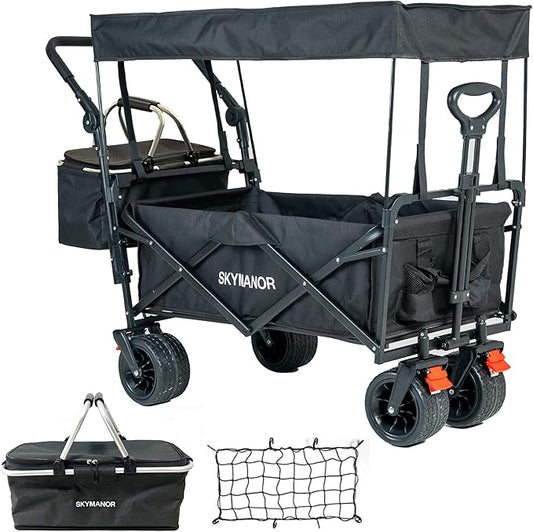 SKYMANOR Collapsible Wagon Folding Garden Cart with Removable Canopy Utility Wagon Cart with All-Terrain Wheels Brake Beach Cart for Sand Heavy Duty Beach Wagon for Camping Shopping (Black)