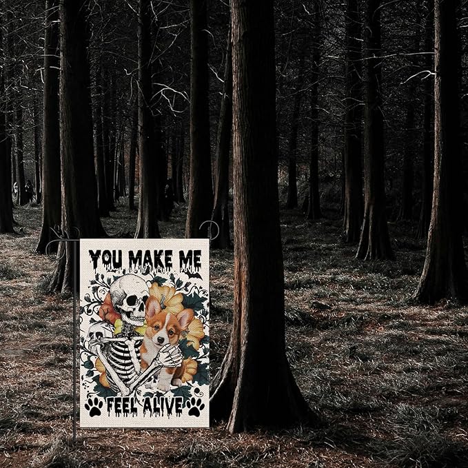 Halloween Garden Flag Skeleton and His Cogi Vertical Double Sided Flags for Holiday Farmhouse Patio Yard Outdoor Party Decor Decorations Gifts - 12.5 x 18 Inch