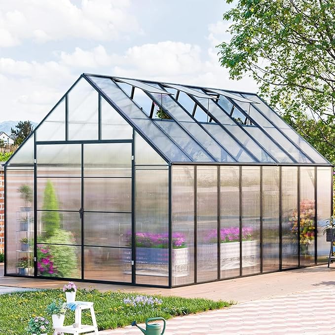 CDCASA 16.5x10.2x10 FT Greenhouse for Outdoors,Easy Assembly Large Polycarbonate Greenhouse Aluminum Greenhouses w/3 Vents Window, Swing Door, Walk-in Green House for Patio, Backyard, Garden, Black