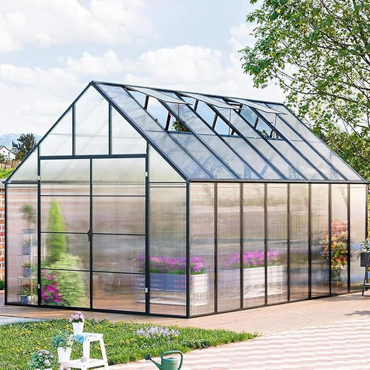 CDCASA 16.5x10.2x10 FT Greenhouse for Outdoors,Easy Assembly Large Polycarbonate Greenhouse Aluminum Greenhouses w/3 Vents Window, Swing Door, Walk-in Green House for Patio, Backyard, Garden, Black