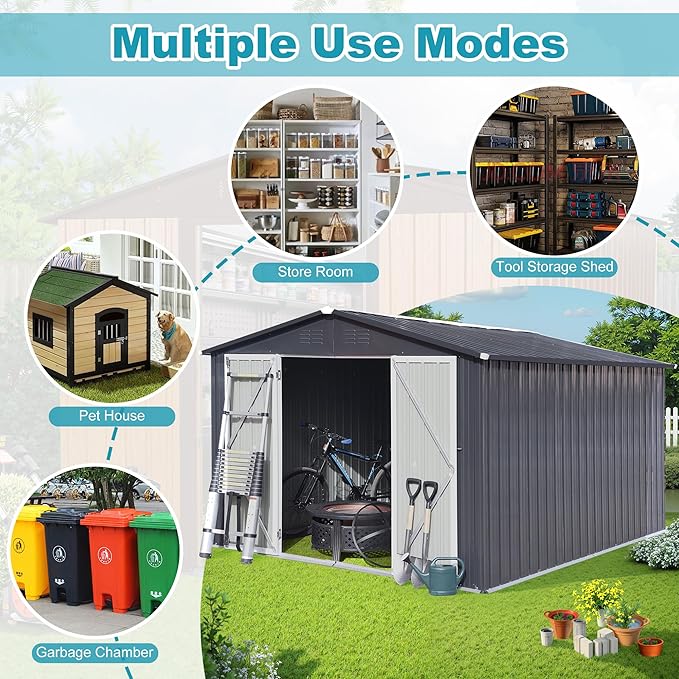 Sheds & Outdoor Storage 12 ft × 10 ft Storage Shed Large Classic Apex Roof Metal Garden Storage Sheds with Hinged Door Tool Cabinet for Backyard, Patio, Poolside, Dark Gray