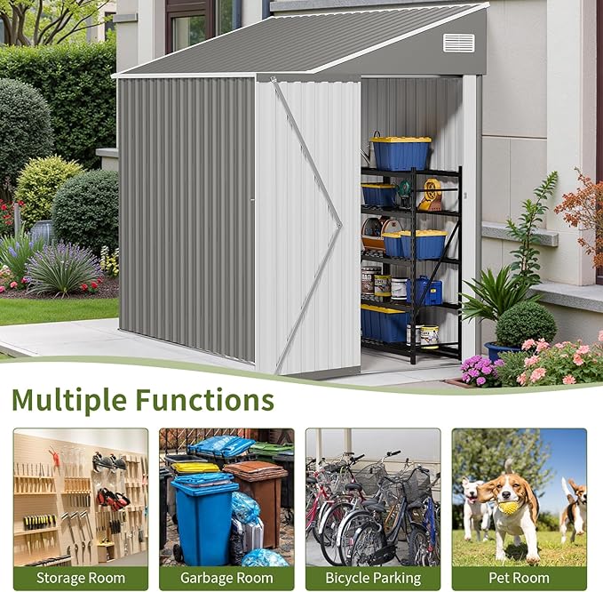 4x8 Lean to Metal Shed - Grey, Heavy-Duty Outdoor Storage for Bikes, Tools, Lawn Mowers & Firewood, Rust-Resistant Wall Side Design Sheds with Lockable Door, Waterproof Coating & Sloped Roof