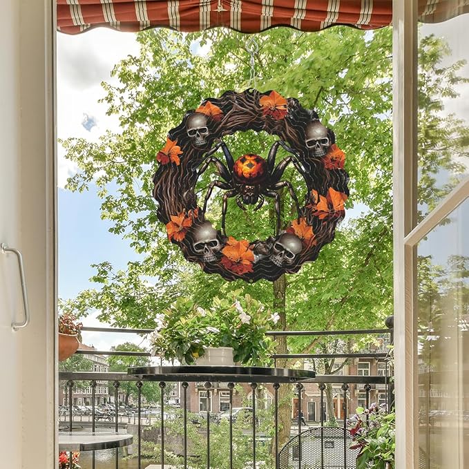 Spider Metal Wind Spinner 3D Hanging Halloween Wind Spinners Decor Skeleton Skull Metal Wind Spinner for All Saints' Day Party Yard Garden Outdoor Indoor Decor