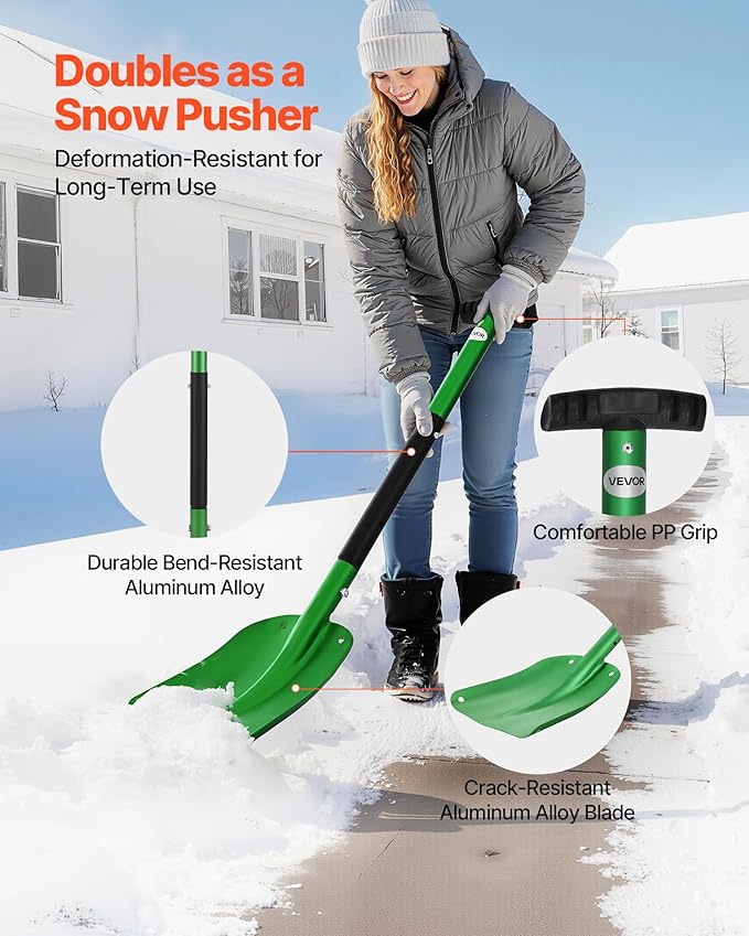 VEVOR Snow Shovel for Driveway, 8.5 in Wide Aluminum Alloy Snow Shovel with T-Shaped Handles, Large Capacity Snowplow Shovels, Portable & Lightweight Snows Removal Tool for Garden Car Camping