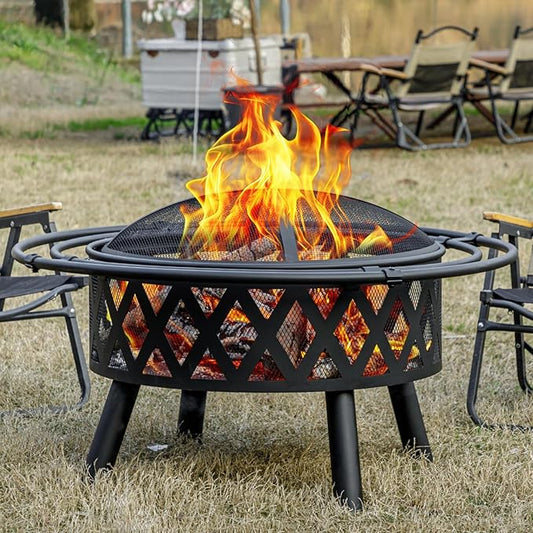 36 Inch Wood Burning Fire Pit with 2 Loops, Outdoor Fire Pit with Spark Screen & Fire Poker, Cross Weave Firepit for Outside Fireplace Bonfire for Yard,Patio, Garden