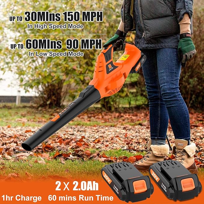 Cordless Leaf Blower,21V Handheld Electric Leaf Blower with 2 x 2.0Ah Battery & Charger, Lightweight Battery Powered Leaf Blower for Lawn Care, Patio, Yard, Sidewalk,Snow Blowing
