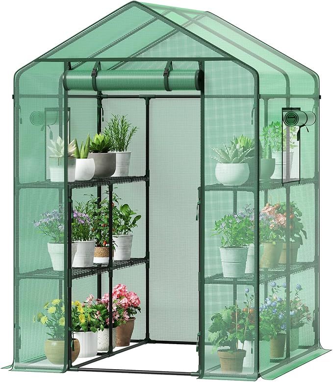 GreatBuddy Walk-in Greenhouse for Outdoors, High-Density PE Plant Cover with 2 Tiers of 8 Shelves, 4.5x4.5x6.5ft, Perfect for Plant Growing, 4 Ropes and Stakes Included
