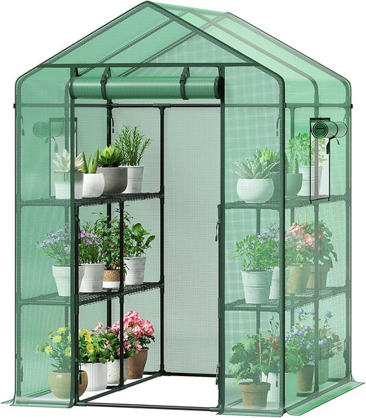 GreatBuddy Walk-in Greenhouse for Outdoors, High-Density PE Plant Cover with 2 Tiers of 8 Shelves, 4.5x4.5x6.5ft, Perfect for Plant Growing, 4 Ropes and Stakes Included