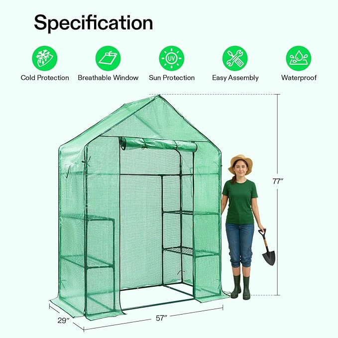VIVOSUN 57 x 29 x 77-Inch Mini Walk-in Greenhouse with Windows, Shelves and Anchors, Plant Garden Hot House