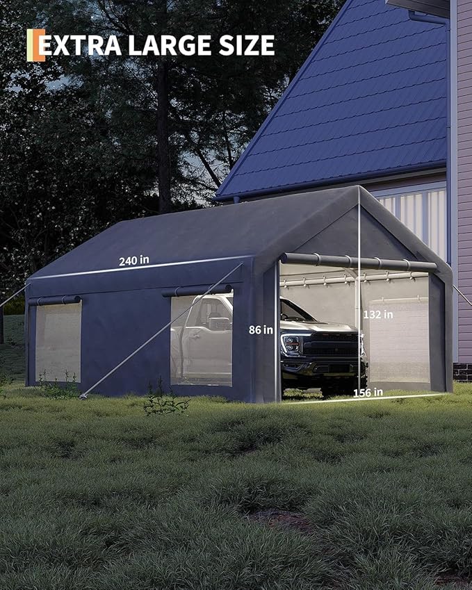 13X20Ft Waterproof Carport Canopy with Roll-Up Mesh Windows & Double Zipper Doors, 200g PE Tarp Cover for Cars, Trucks, SUVs, RVs, Boats & Outdoor Equipment Storage, Grey
