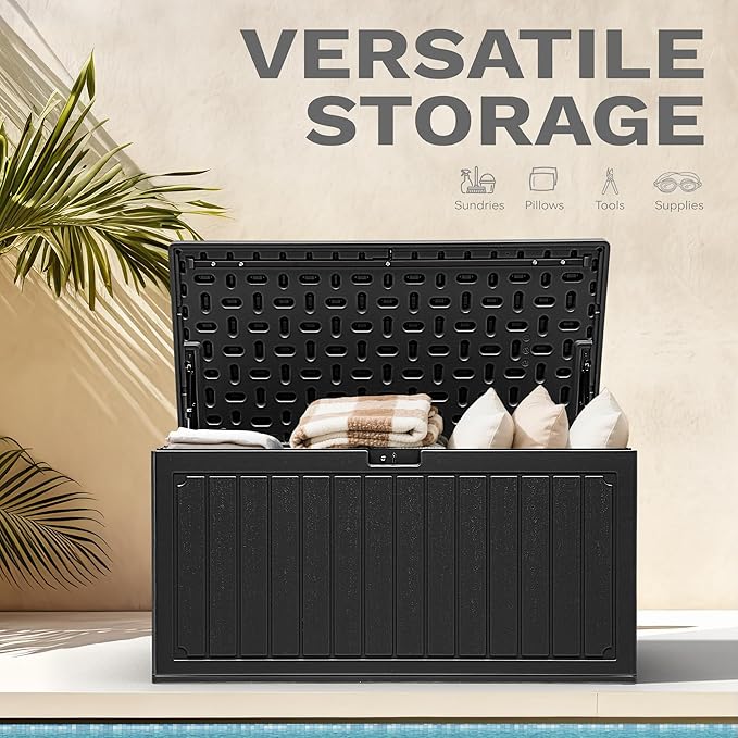 DWVO 90 Gallon Resin Outdoor Storage Box, XXL Double-Wall Waterproof Deck Box, Doubles as Table or Seating with 450 lbs Capacity, Lockable (Black)